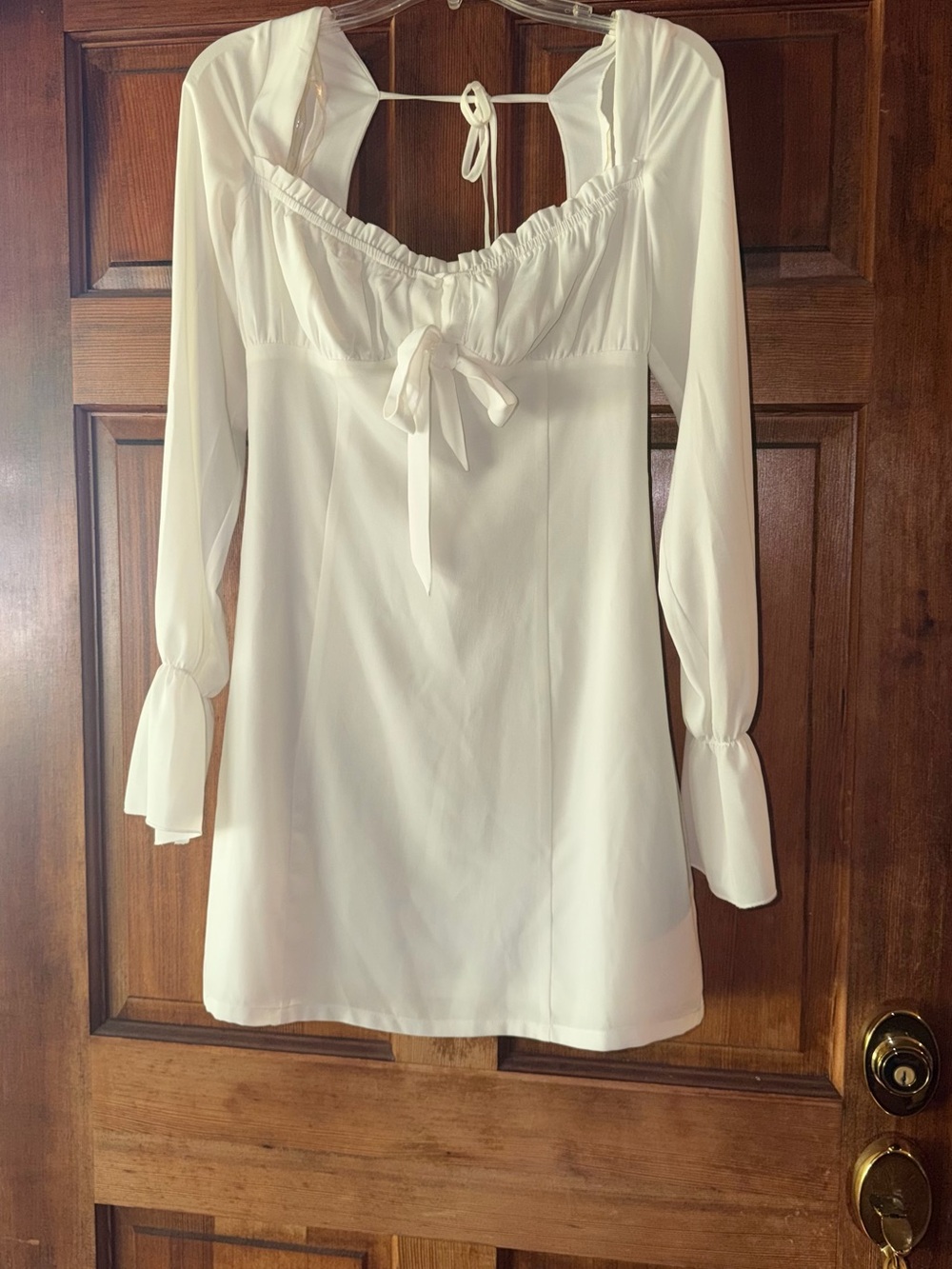 Women’s Ivory/White Long-Sleeve Babydoll Mini Dress with Tie Detail